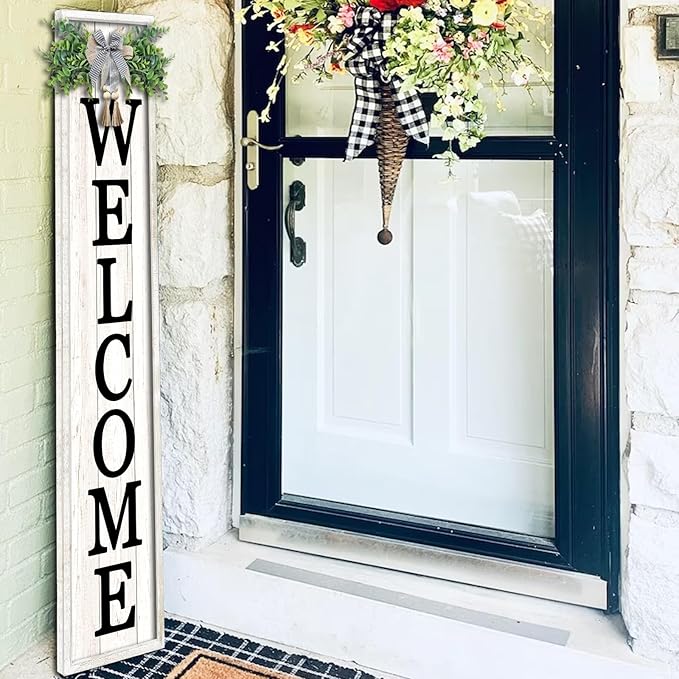 Welcome Sign for Front porch Standing 45"X9"Large Wood Frame Outdoor Tall Welcome Signs Vertical Decor for Farmhouse Rustic Home Modern Outside Front Door Wall Decorations (White)