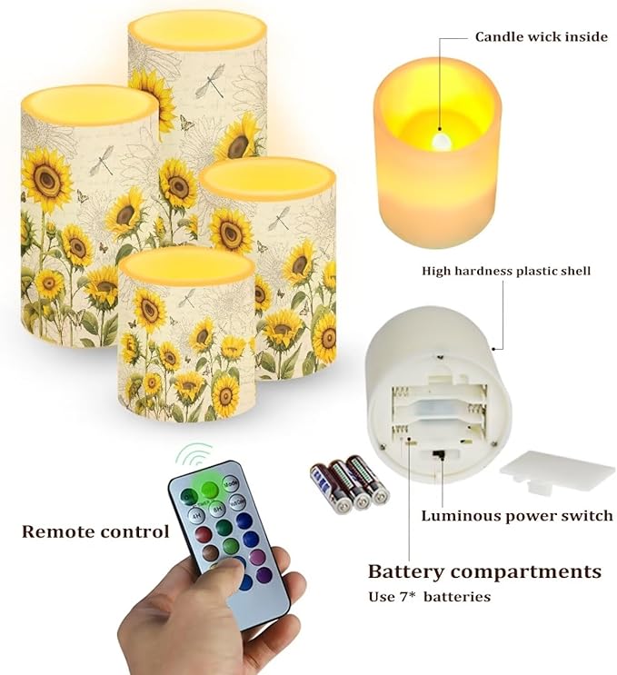 Flameless LED Candles Electric Candle Set with Remote Timer Color Changing Control Long Lasting for Table Centerpiece Home Indoor Decoration Pack of 4, Sunflower Dragonfly Retro