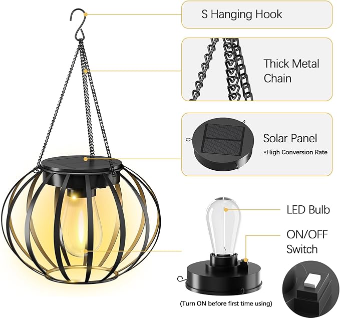 Solar Lanterns Outdoor Waterproof - 2 Pack Solar Outdoor Lanterns, 15"" Solar Lights Outdoor Hanging, Lanterns Decorative Outdoor Pumpkin Shape, Black, Wq-OSL-001