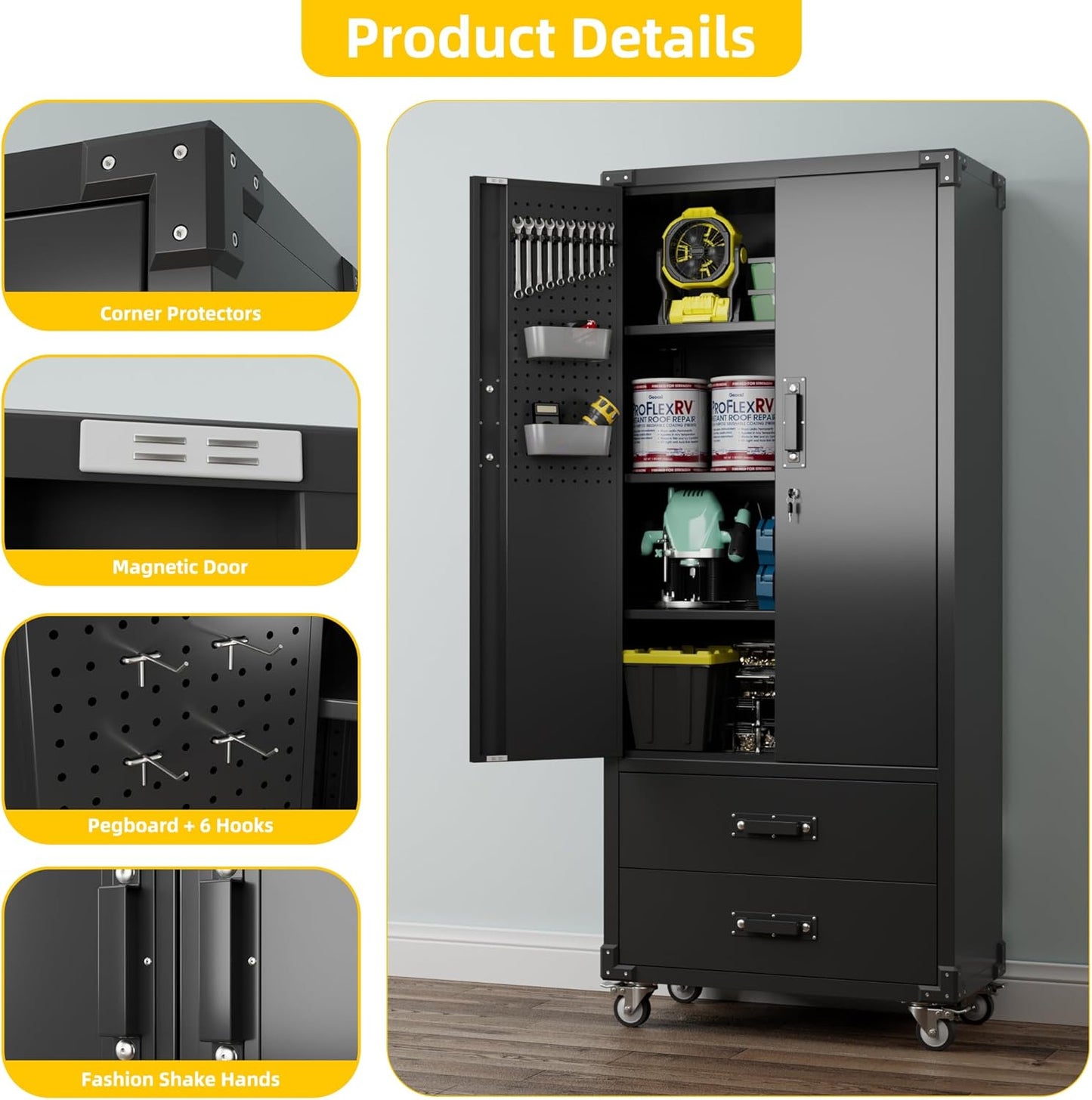 Aobabo 2 Large Drawer Metal Storage Cabinet with Wheels, Lockable Steel Storage Cabinet with 3 Adjustable Shelves and 6 Hooks for Home, Office, Garage, Classroom, Black, Assembly Required