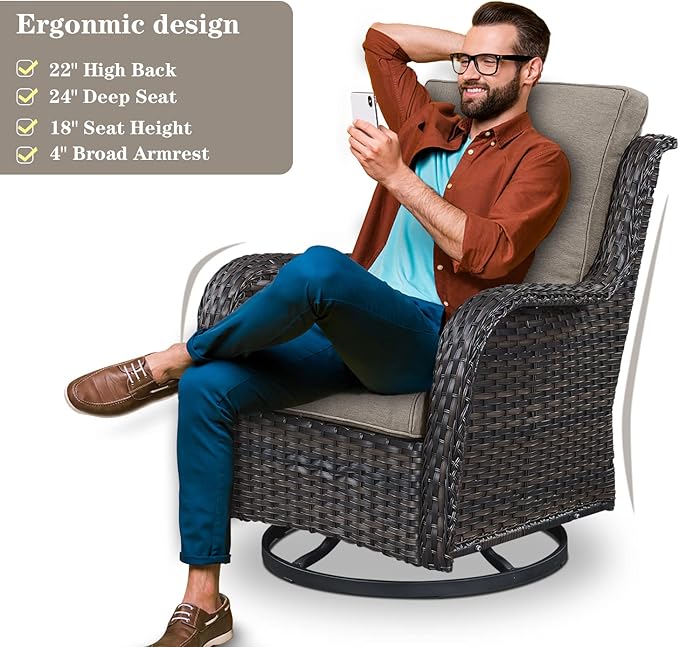 5 Pieces Patio Furniture Sets Wicker Outdoor Furniture, Rattan Patio Swivel Glider Chairs with 2 Ottoman and Glass Side Table