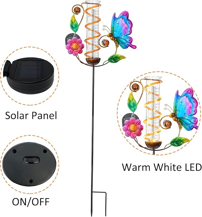 LEWIS&WAYNE 36.3” Butterfly Rain Gauge Outdoor, 7” Glass Tube Solar Powered 10 Warm White LEDs Garden Metal Stakes Decorative Waterproof for Yard Garden Patio Lawn