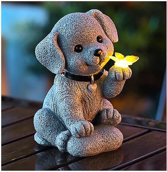 MeritMode Solar Dog Garden Statue with Butterfly Lights - Waterproof Outdoor Statue Decor for Patio, Lawn, Balcony, for Mom, Grandma, Women on Mother’s Day, Father’s Day, Housewarming