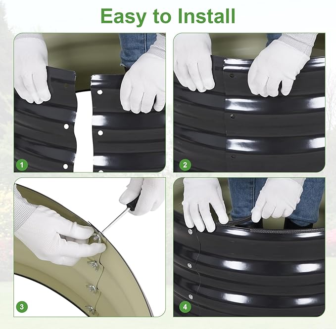 Galvanized Raised Garden Bed- 2Pcs 3x3x1FT Metal Planter Boxes Outdoor | Round Steel Raised Bed Kit & Fire Pit Ring for Gardening with Protective Tape, Gloves for Vegetables, Flower (Grey)