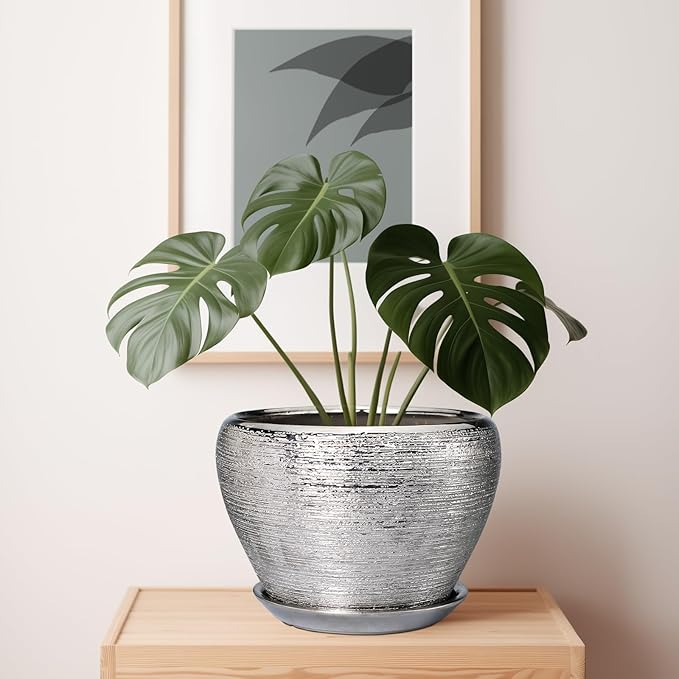 Flower Pot for Indoor Plants - Ceramic Planter 10 Inch Plant Pot with Drainage Hole and Saucer Large Decorative Planter Outdoor Mid-Century Planter for House Silver