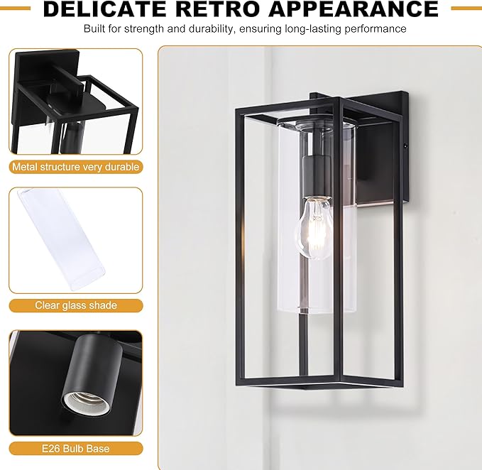 15.7 Inch Outdoor Wall Lights, Black Outdoor Wall Lantern with Square Clear Glass Shade, Waterproof Exterior Lighting Fixtures, Modern Front Porch Lighting for House, Garage, E26 Base, ETL Listed
