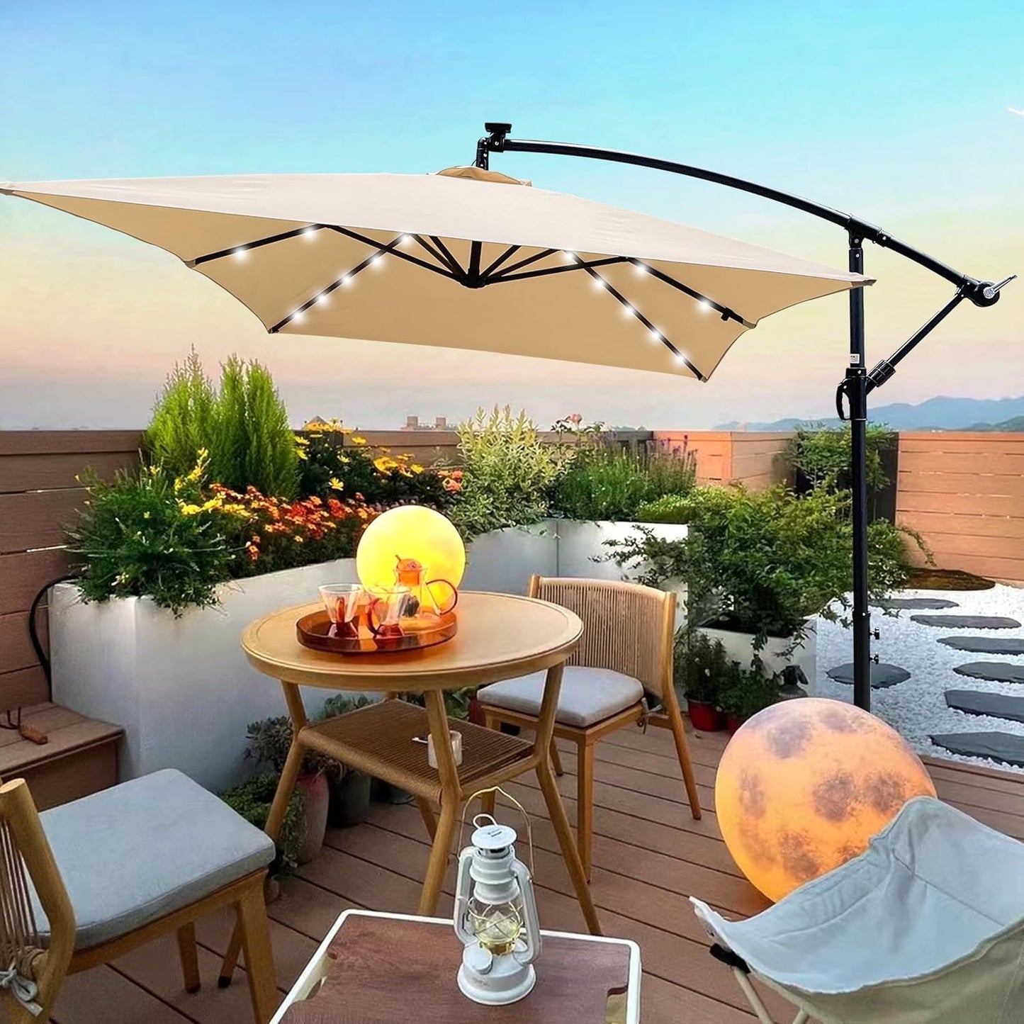 10x6.5FT Patio Umbrella, Outdoor Offset Umbrella with Cross Base and Crank, Rectangular Cantilever Umbrella with Solar Lights, Hanging Market Umbrella with 6 Rids for Pool, Deck, Backyard (Tan)