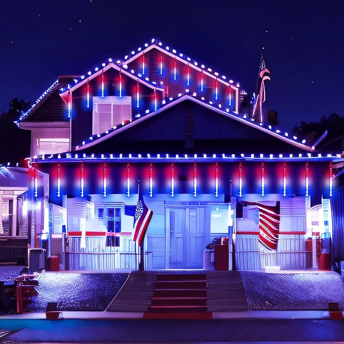 Aokudoni 4th of July Decorations Outdoor, 16 Inch Red White and Blue Meteor Shower Lights for Independence/National/Memorial Day, LED Christmas Lights Outdoor for Yard Garden Tree Holiday Party