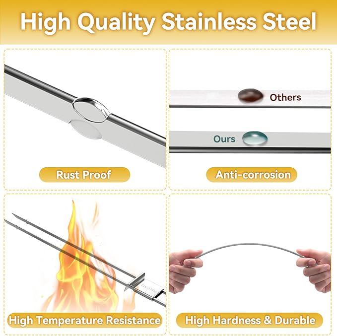 Skewers for Grilling, 17" (6 Pcs) Wooden Handle Double Pronged Stainless Steel Flat Kabob Skewers with Push Bar, Reusable Long Metal Skewer Sticks for Meat Chicken Vegetable, BBQ Accessories
