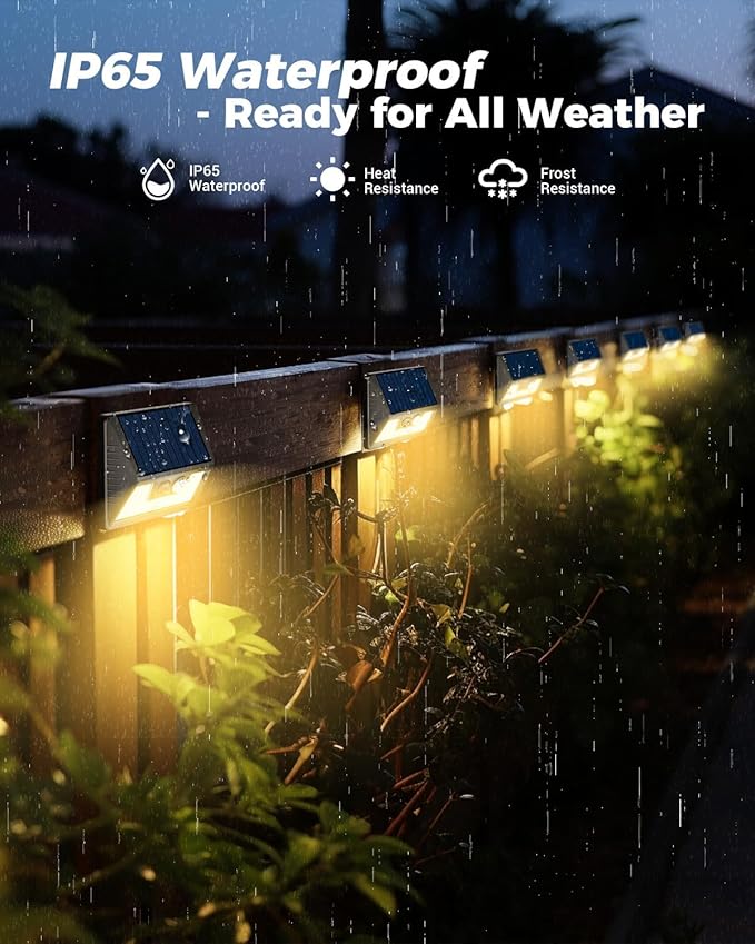 4 Pack Solar Fence Lights, Waterproof Motion Sensor Deck Outdoor, Warm White LED Outside Wireless for Wall Yard Steps Stairs Garden - Black