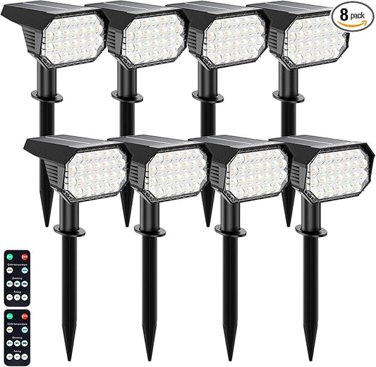 Brightown Solar Lights Outdoor Waterproof, White and Warm White 2 Colors Solar Spot Lights Outdoor with Remote Control, 3 Modes Solar Powered Outdoor Lights for Yard Porch Pathway Garden, 8 Pack