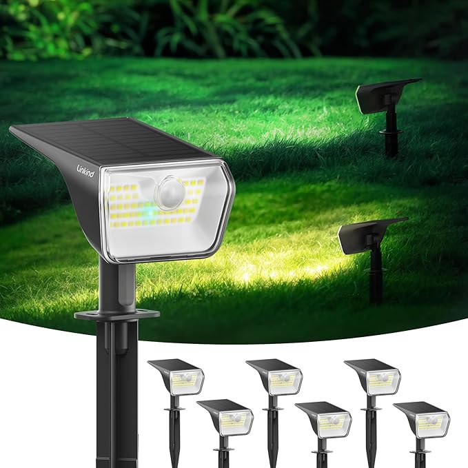 Linkind Solar Lights Outdoor Waterproof IP67, 3000K/6500K Solar Motion Sensor Lights with 6 Modes, 60 LEDs Solar Powered Spot Lights Outside Landscape Lighting for Garden Yard Pathway, 6 Pack