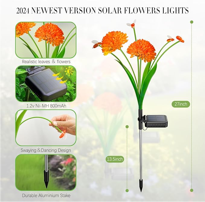 Solar Garden Lights, 2 Pack Solar Swaying Bee Lights with Flowers, Waterproof Solar Firefly Lights Outdoor for Garden Patio Yard Pathway Fall Decoration, Gifts for Women Mother's Day