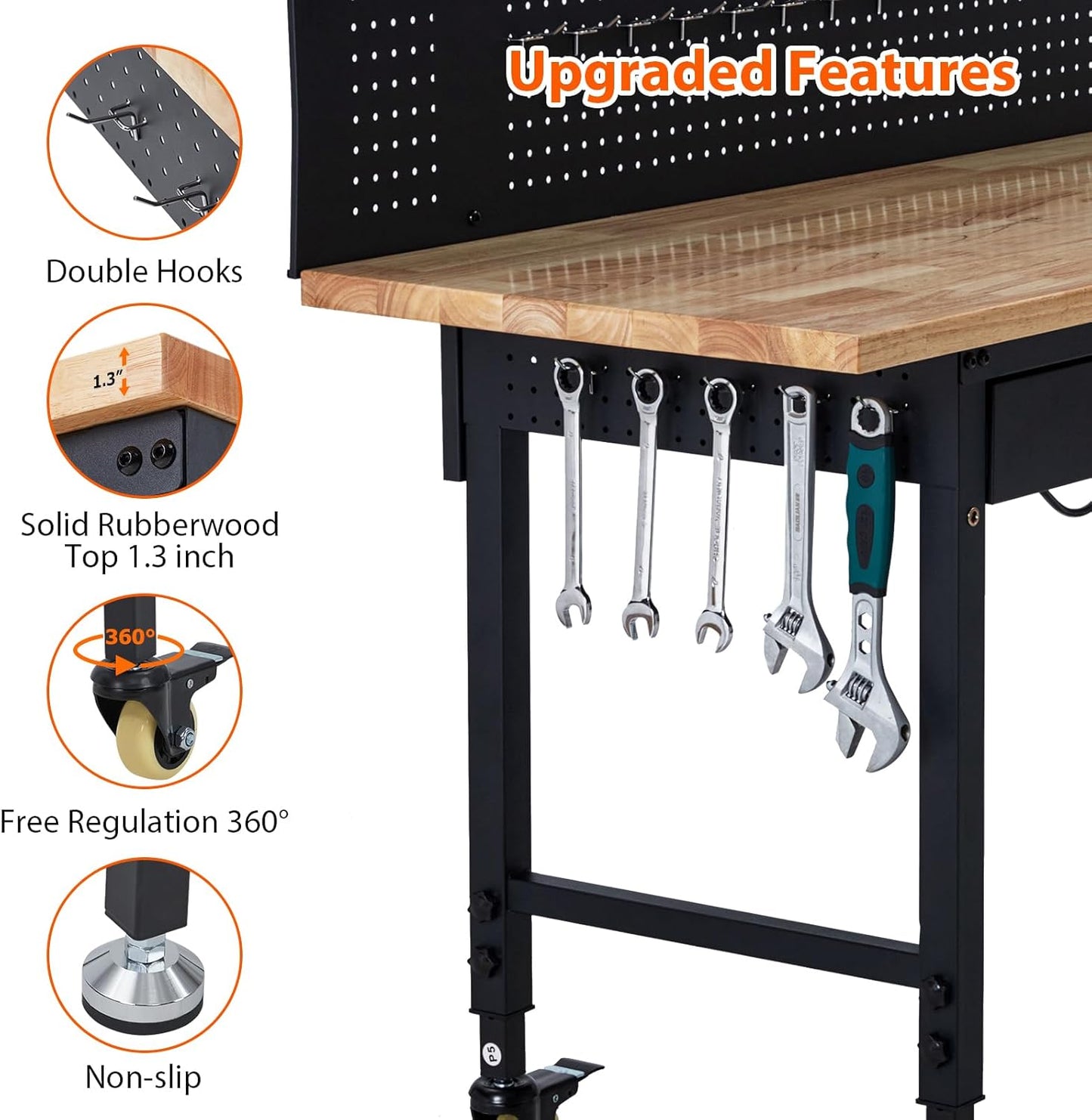 60" Adjustable Workbench with Drawer Storage, Rubber Wood Top Work Table for Garage, Heavy Duty Worktable with Removable Pegboard, Power Outlet, Hooks, Tool Storage Bench for Warehouse Workshop