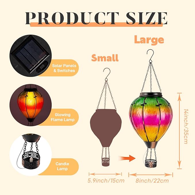 Large Solar Hot Air Balloon Lantern with Flame, Colorful Glass Hanging Balloon Lanterns Outdoor Waterproof Garden Decor for Yard Patio, Birthday Mother's Day Gifts for Women Mom