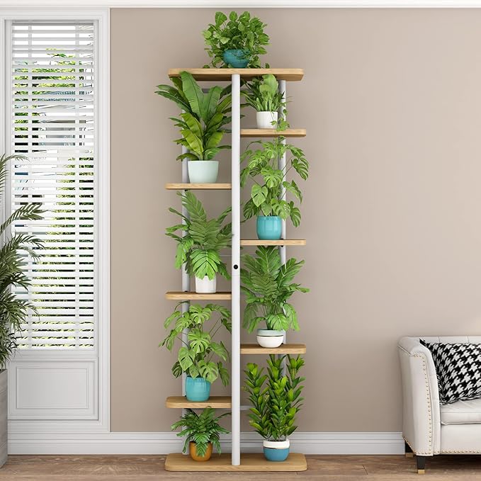 LINZINAR Plant Stand 8 Tier 9 Potted Multiple Flower Pot Holder Shelf Indoor Outdoor Planter Rack Storage Organizer for Patio Garden Corner Balcony Living Room (8 Tier-9 Potted, White)