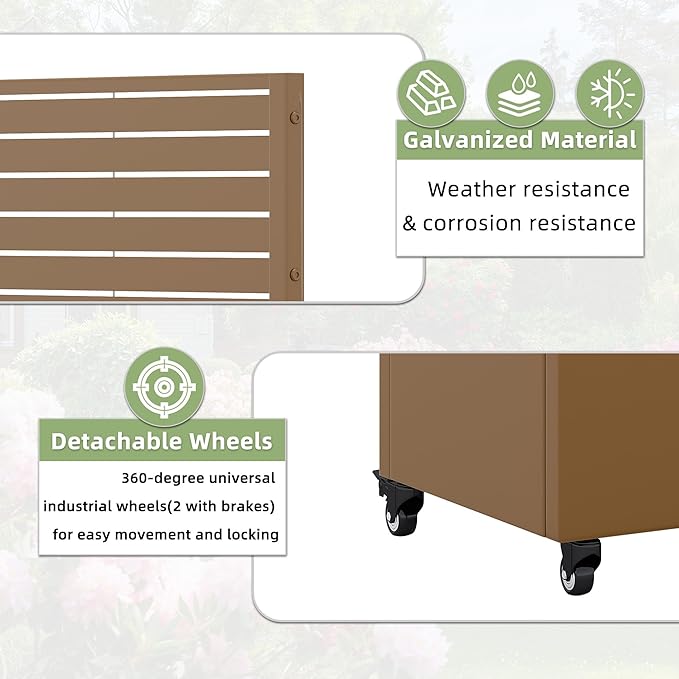 Casaphoria Metal Raised Garden Bed with Trellis and Wheels, 47"x47"x16" Planter Box for Climbing Plants, Vegetables & Vines, Features Drainage Holes and Privacy Screen (Brown-Louvered)