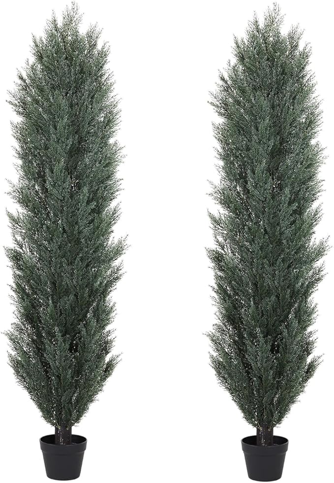 THE BLOOM TIMES 6ft Tall Topiary Trees Artificial Outdoor – UV Resistant Faux Cedar Pine Cypress Bushes and Shrubs, Fake Potted Plants for Front Porch Outside Planter Patio Decor, Set of 2 (6 Foot)