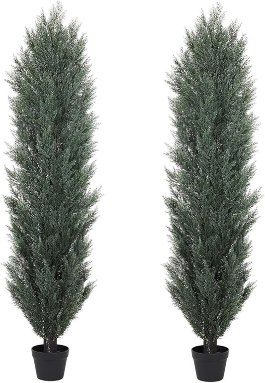 THE BLOOM TIMES 6ft Tall Topiary Trees Artificial Outdoor – UV Resistant Faux Cedar Pine Cypress Bushes and Shrubs, Fake Potted Plants for Front Porch Outside Planter Patio Decor, Set of 2 (6 Foot)