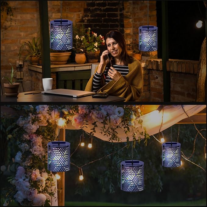 RGB Solar Lanterns Outdoor Waterproof Hanging Solar Lights Gifts for Men Women Metal Decorative LED Lanterns for Yard, Patio, Lawn, Tabletop, Pathway, Landscape, Garden Decor Diamond Pattern (2 Pack)