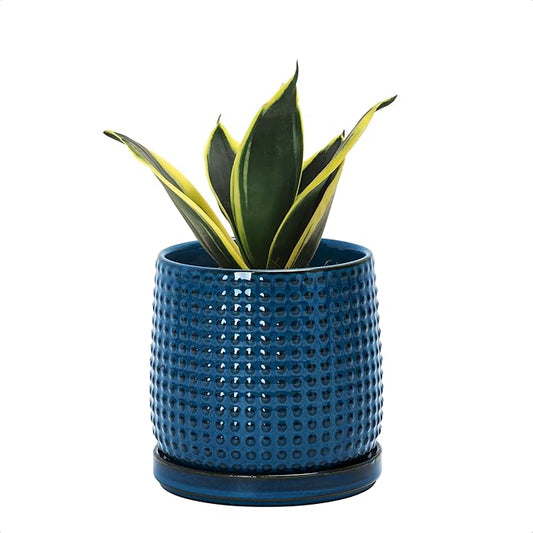 D'vine Dev 4 Inch Ceramic Beaded Stoneware Planter Pot - Flower Pot with Drainage Holes and Saucers for Indoor Succulent Plants or Flowers, Midnight Blue, 27-C-Z-3
