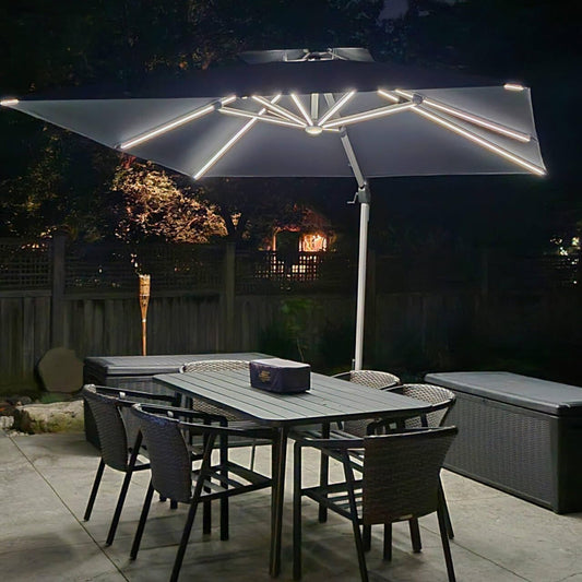 PURPLE LEAF 10 Feet Double Top Deluxe Solar Powered LED Square Patio Umbrella Offset Hanging Umbrella Outdoor Market Umbrella Garden Umbrella, Grey