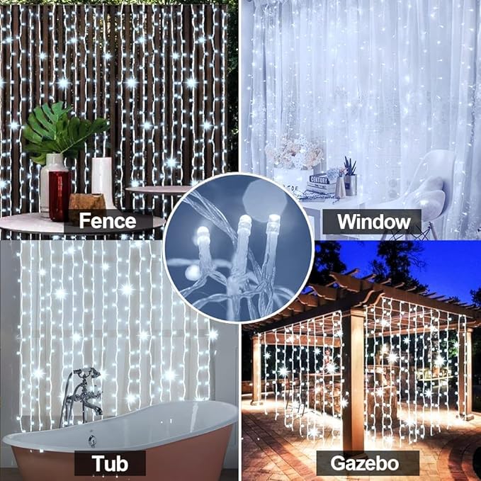 Upgraded Solar Curtain Lights Remote Control, Outdoor Garden Lights 300 LED 8 Modes Remote Control Waterproof Solar Waterfall Fairy String Lights Decoration for Patio Garden Party Wedding (Cool White)