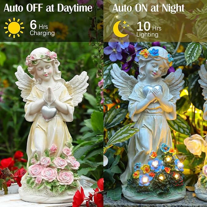 Angel Garden Statue 2Pcs,Love Heart Solar Garden Decor with Warm Light,Waterproof Praying Angel Statue with Flowers,Outdoor Garden Decor Sculpture for Lawn Yard Patio Garden Gifts,Apricot