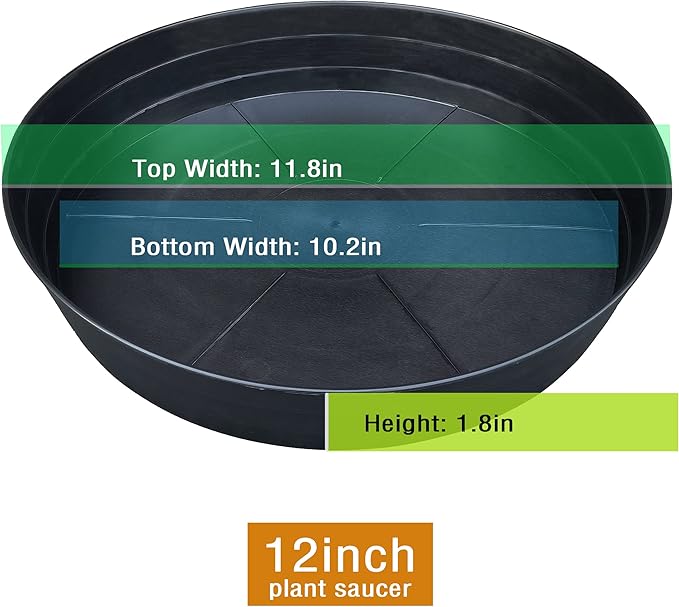 Plant Saucers 10 12 14 16 18 20 25 Inch, 4 Pack of Plastic Plant saucers for Pots，Extra-Deep Plant Water Dray Tray, Bird Bath Bowl, Heavy Plant Trays Indoors and Outdoor No Holes (12 Inch, Black)