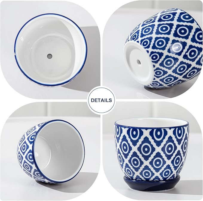Ceramic Succulent Planter Pots - 3.5 Inch Small Flower Pot with Drainage Holes and Saucers for Indoor Plant, Cactus, Herbs, Outdoor Plants, Home Decor, Set of 4, Vintage Blue