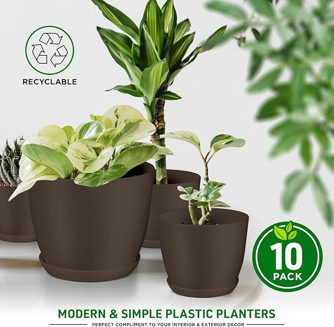Planter Pots with Drainage Holes - Lightweight, Durable & Space-Saving Pots for Indoor and Outdoor - Versatile Functionality, Simple Modern Design, Set of 10 Plastic Planter Pots - Brown