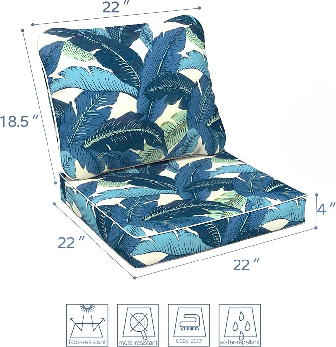 LVTXIII Outdoor Deep Seat Cushion 22"x22"x4" Patio Seat and Back Cushion Set Seasonal Chair Cushion for Dining Arm Chairs, Wicker Chairs and Garden Furniture Decoration, Swaying Palms Blue
