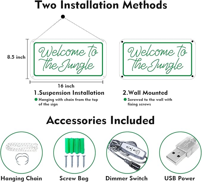 Welcome to the Jungle Neon Sign, Neon Light Sign for Wall Decor Dimmable Green LED signs for Bedroom Home Birthday Party Wedding Engagement Garden Man Cave Decor USB Powered