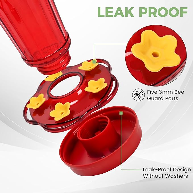 Hummingbird Feeder 2pack-14Ounces，5 Feeding Ports Glass Hummingbird feeders for Outdoors,Wide Mouth for Easy Filling/Cleaning，Hanging for Garden Backyard Decor, Includes Ant Moat (Red)