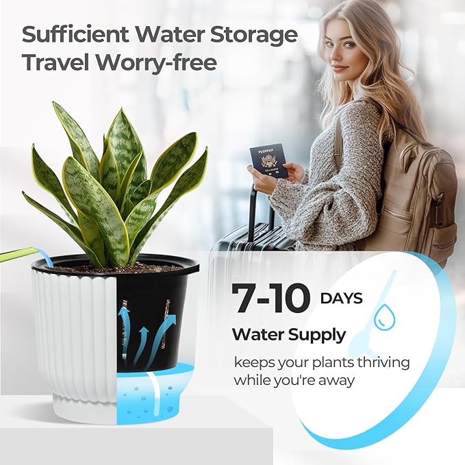 T4U 4.5 Inch Self Watering Pots for Indoor Plants, 6 Pack White Plastic Flower Pots for All House Plants, Flowers, African Violets