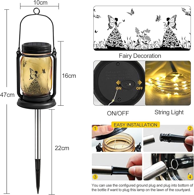 YJFWAL 2 Pack Outdoor Hanging Solar Lanterns, Birthday Mothers Day Gifts for Women Mom Grandma,Fairy Butterfly Vintage Glass Mason Jar, Waterproof Garden Lights for Patio Yard Lawn Tree Party Decor