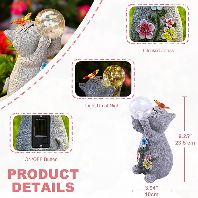 Solar Cat Outdoor Garden Statues : Outside Decor with Lights Clearance for Yard Art Lawn Ornaments Porch Patio Balcony Home House - Birthday Gifts for Grandma Mom Women