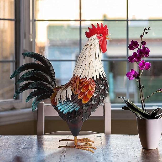 chisheen Metal Rooster Decor,Yard Chicken Decorations,Outdoor Garden Statues, Metal Chicken Sculpture for Backyard Patio Kitchen Decor & Lawn Ornaments