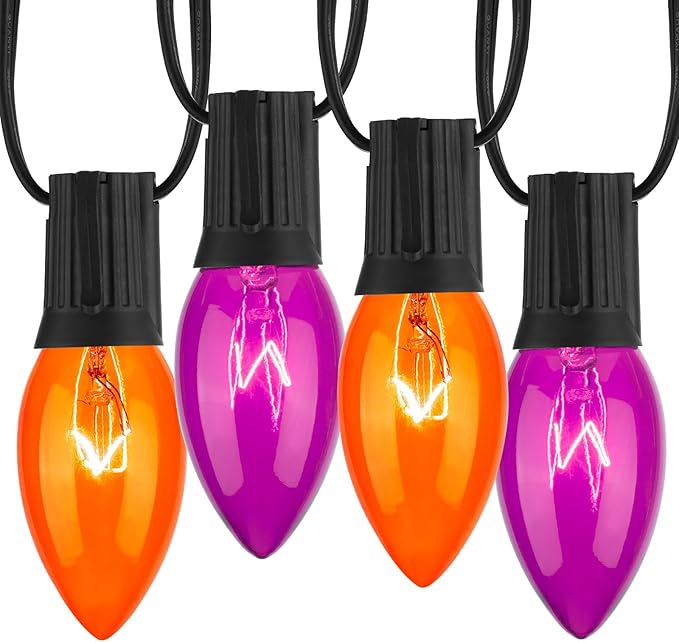 C9 Halloween Lights, Orange and Purple Halloween String Lights, Waterproof Halloween Lights for Outdoor Indoor Xmas Roofline Decor, Black Wire, 25 Feet