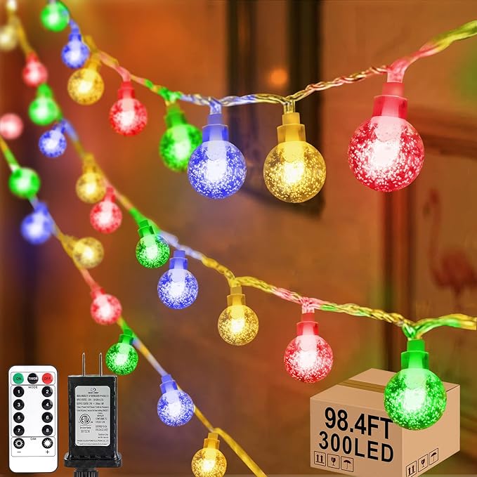 98.4ft 300LED Globe String Lights Outdoor,Crystal Fairy Light IP44 Waterproof Outdoor Hanging Decorative Lights for Home Tent Patio Garden Party Wedding Decor