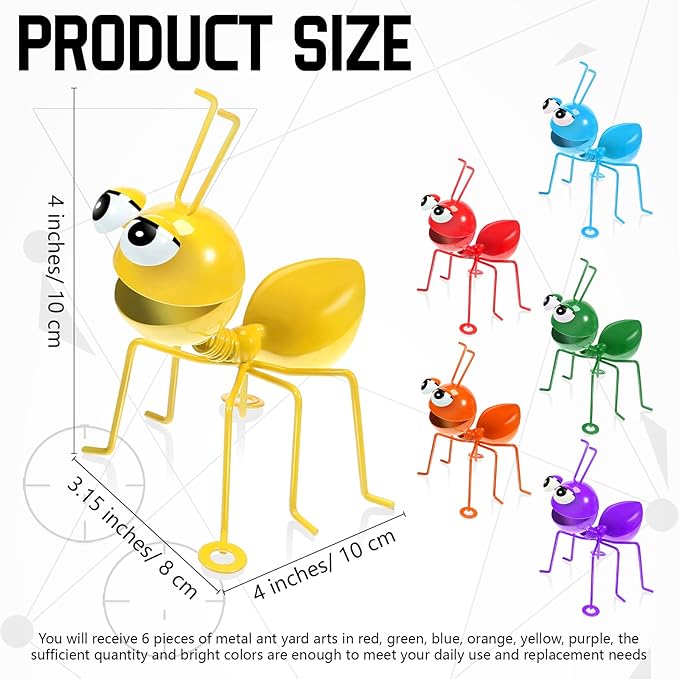 Sratte Metal Garden Decor Owl Ant Yard Art Wall Decor Outdoor Indoor Colorful Hanging 3D Fence Tree Decoration Cute Wall Sculpture for Home Garden Patio Porch Bedroom Kitchen(Ant, 6 Pcs)