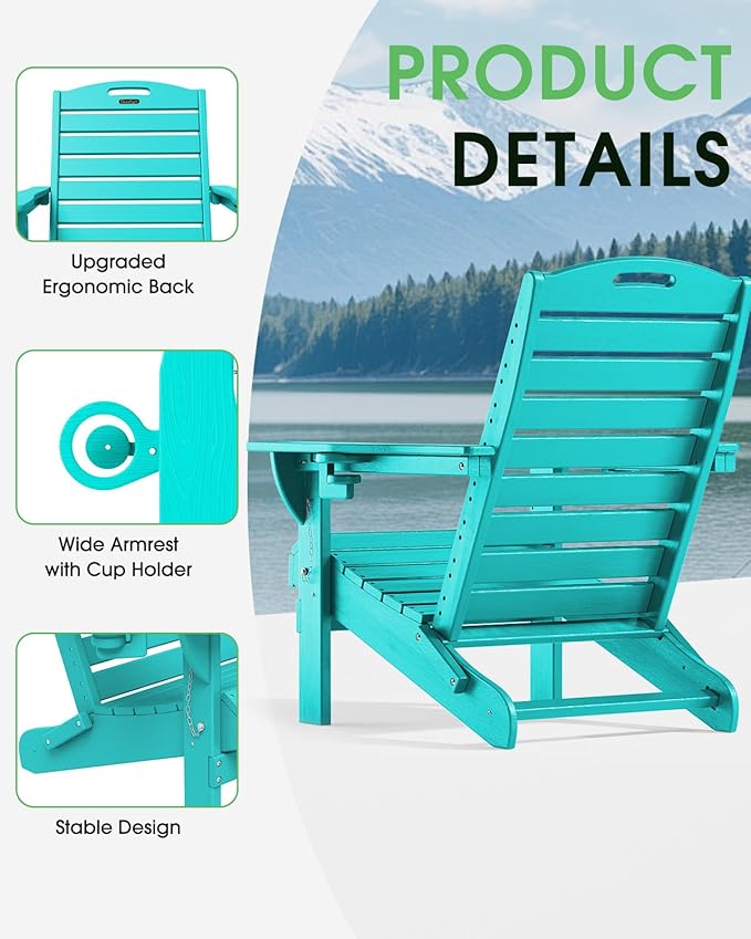 Adirondack Chairs Set of 4, Outdoor Fire Pit Chairs, HDPE All-Weather Adirondack Chairs with Cup Holder, Lawn Chair for Deck, Patio, Garden (Lakeblue)