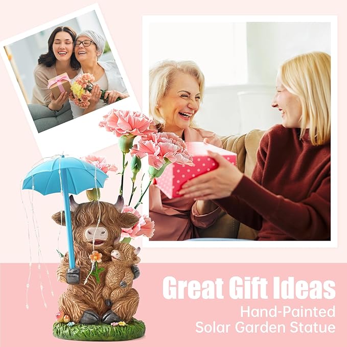 Solar Garden Statues Resin Loving Highland Cow Umbrella Lights Outdoor Decor Gifts for Yard, Patio Decorations