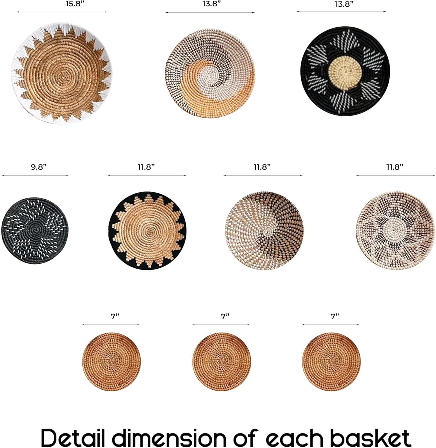 Set of 10 Handcrafted Boho Wall Basket Decor, Wall Hanging Baskets, Decorative Plates for Wall, Handmade from Vietnam Unique Wicker Wall Art Decor