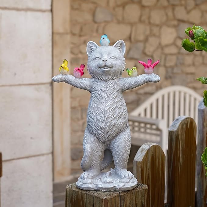 MININOVA Solar Outdoor Decorations Garden Statue Cat Figurines with Birds for Yard Patio Balcony Lawn Outside Ornaments Gifts for Women Mother Kids
