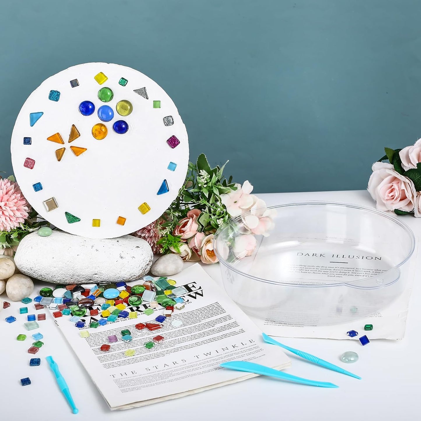 24 Pcs Stepping Stone Kit Includes Concrete Mold, Mosaic Tiles and Carving Tools, DIY Craft Handmade Stepping Stone Kit for Kids, Family, Garden Outdoor Decor, No Concrete Mix(Round,8.3 Inch)