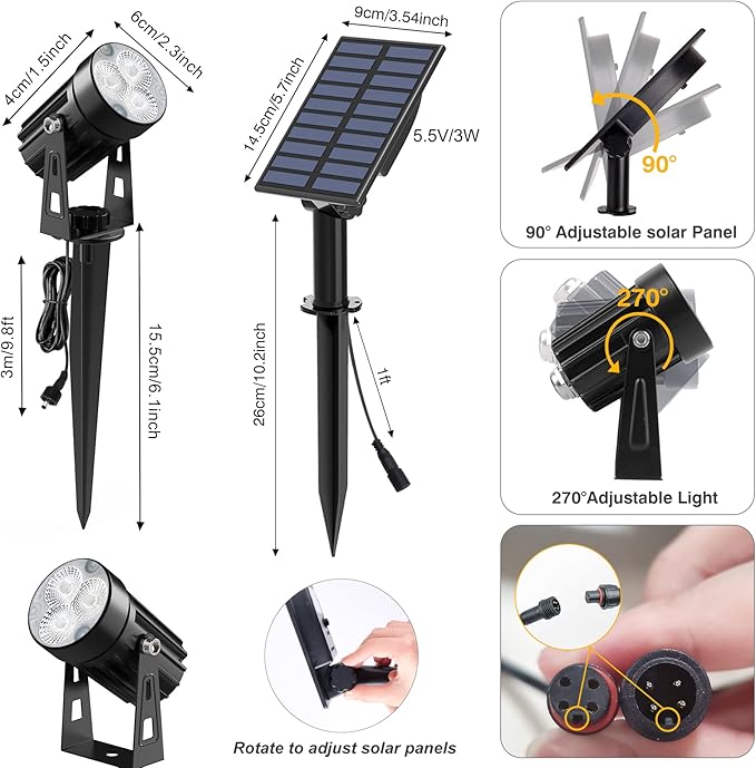 Solar Spot Lights Outdoor, Solar Landscape Spotlights IP65 Waterproof 9.8ft Cable, Auto On/Off Outdoor Wall Lights for Garden Yard Driveway Porch Walkway Pool (1-in-1 6000K Cold White 4 Pack)