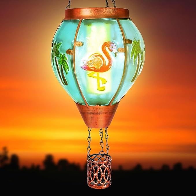 Flamingo Solar Hot Air Balloon Lantern, Outdoor Decor with Flame Lights Waterproof, Hanging Lights for Garden Yard Lawn Patio, Unique Gifts for Women Mom Grandma Gardener for Mother'Day