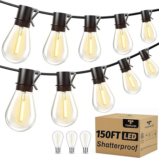150FT Outdoor String Lights LED, 45+3 S14 Bulbs Shatterproof, IP54 Waterproof Dimmable for Large Outdoor Events, Resorts, Hotel Lighting - Commercial Grade Connectable