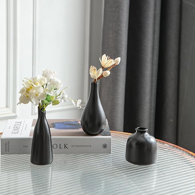 JOJUNO Black Bud Vases, Small Ceramic Vase Set of 11, Mini Pottery Vases for Flowers, Decorative Pieces for Home Modern Decor, Boho Decor, Chic Accents for Living Room Dining Table Shelves